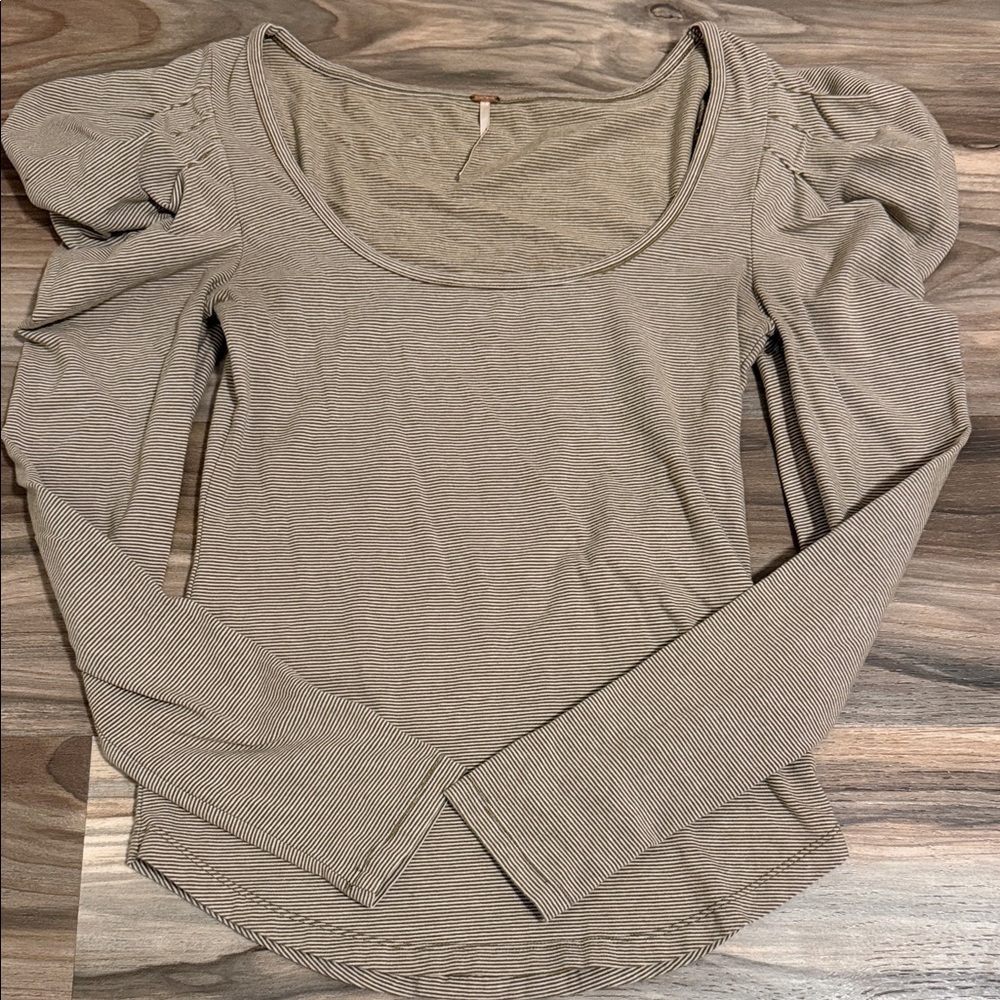 Free People Penelope Puff Sleeve Brown Cream Striped L/S Top Women’s Sz. S